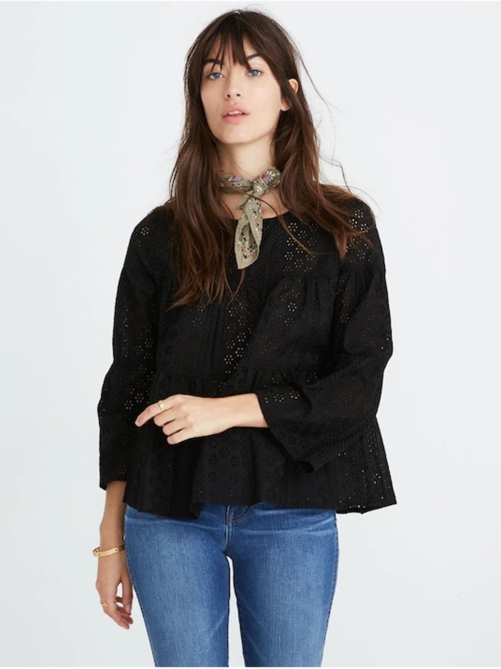 Madewell| Black Eyelet Lace Tiered Feminine Cotton Peasant Blouse Sz L